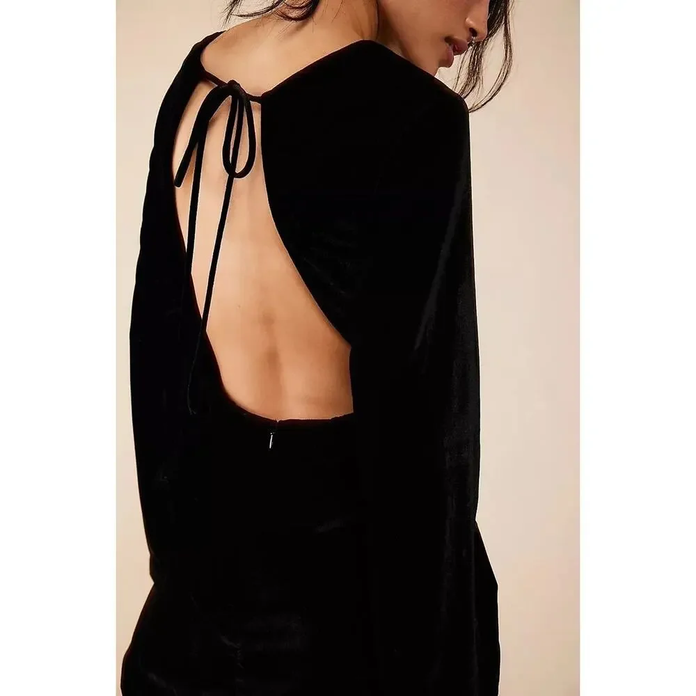 New Free People Chelsey Mini Dress VELVET $128 SMALL Black Open Back Long-Sleeve